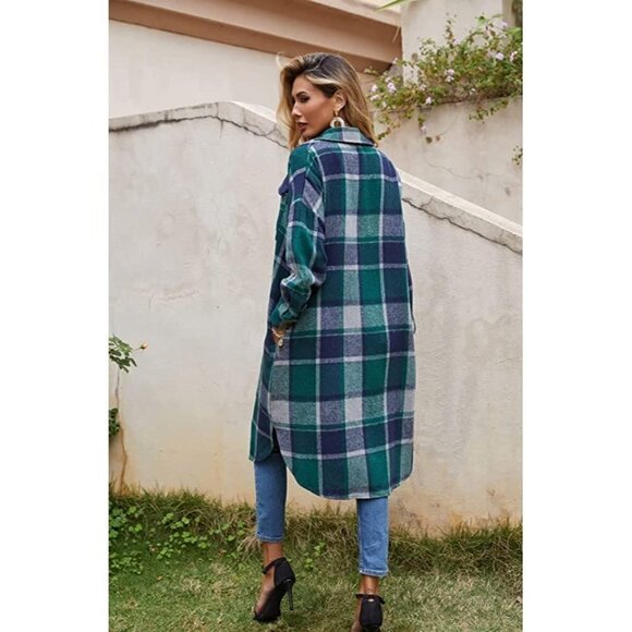 Casual Green Plaid Button Down Long Puff Sleeve Trench Coat Jacket Shacket Wool - Picture 8 of 10